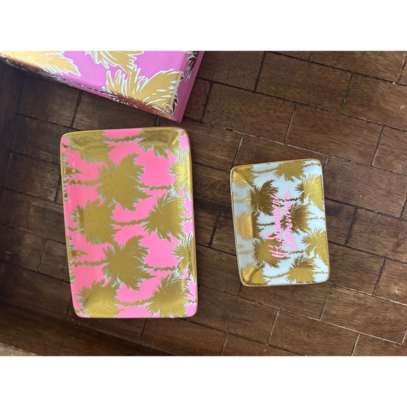 Lilly Pulitzer Trinket Tray Set Palm‎ Print Gold Accent Decorative Pink - Picture 1 of 2